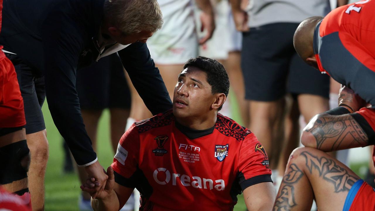 Tonga's Jason Taumalolo looks on after Tonga’s 2017 World Cup loss to England