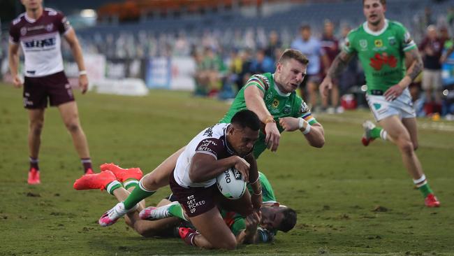 Manly’s Tevita Funa scores against Canberra Raiders at Campbelltown Stadium. Picture: Brett Costello