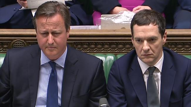 Former British Prime Minister David Cameron, left, and his Finance Minister George Osborne, right. their legacy was to entrench a misleading view of ‘austerity’. Picture: AFP