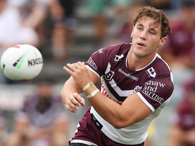 GOSFORD, AUSTRALIA - FEBRUARY 11:  Jamie Humphreys of the Sea Eagles passes during the NRL pre-season trial match between Manly Sea Eagles and South Sydney Rabbitohs at Industree Group Stadium on February 11, 2024 in Gosford, Australia. (Photo by Matt King/Getty Images)