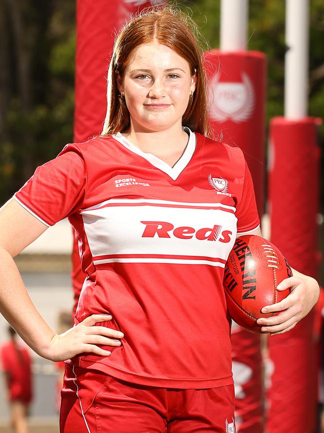 Willow Fredericks as Palm Beach Currumbin have four teams in the AFLQ Schools Cup semi finals for juniors and seniors grades. Picture: Glenn Campbell