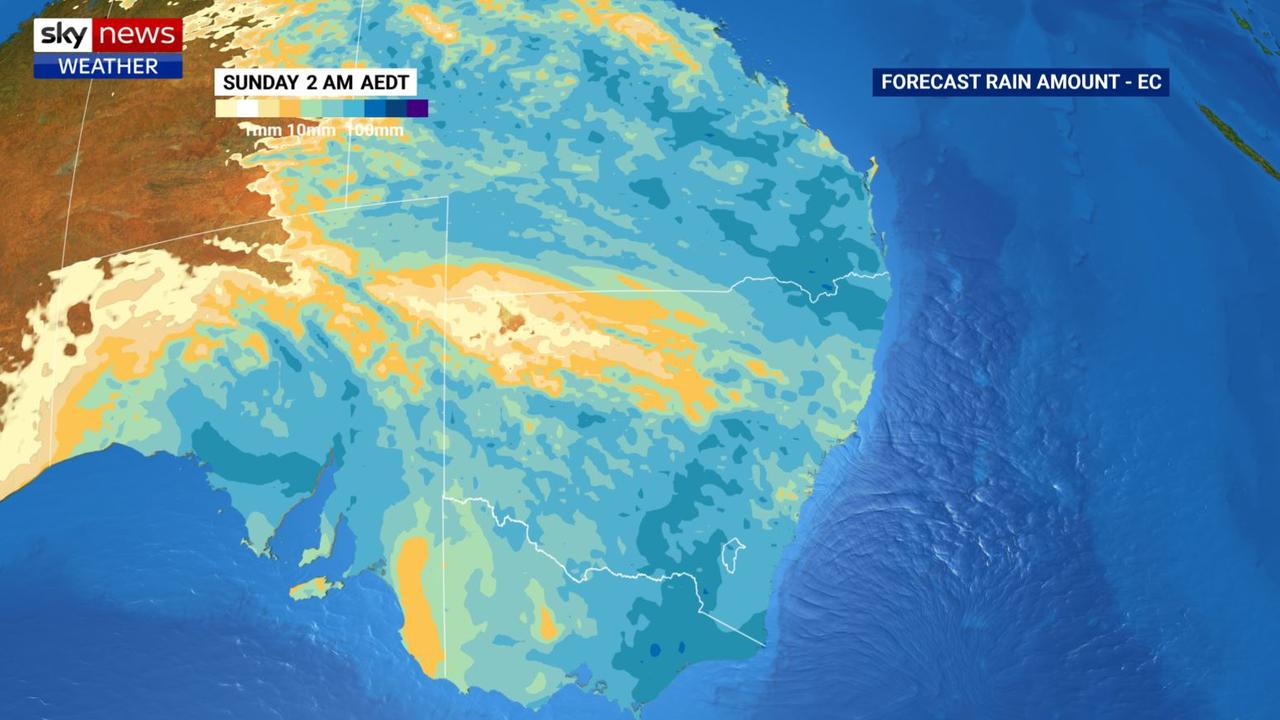 Heavy rain will fill the gauges particularly in inland southern NSW, northern NSW and southern Queensland and eastern Victoria. Picture: Sky News Weather