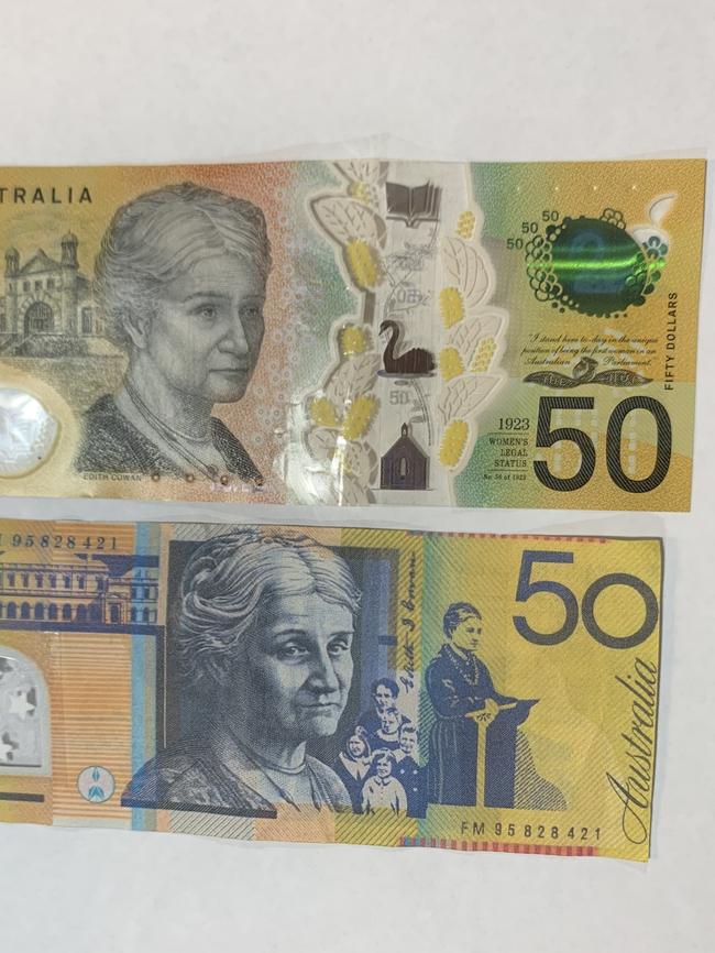 A normal $50 note (top) compared with one of the allegedly fake notes, which appears shorter.