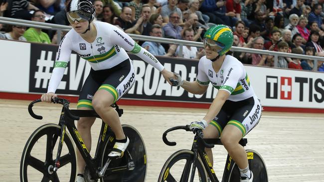 Australia's Anna Meares and Stephanie Morton after Meares defeated her teammate.