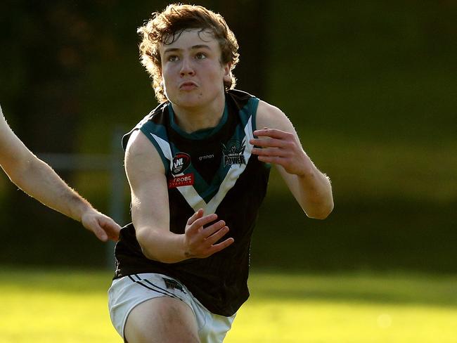 NFL footy: Heidelberg West v Laurimar: Joshua Campbell of Laurimar marks on Saturday June 25, 2022, in Heidelberg, Australia.Picture: Hamish Blair