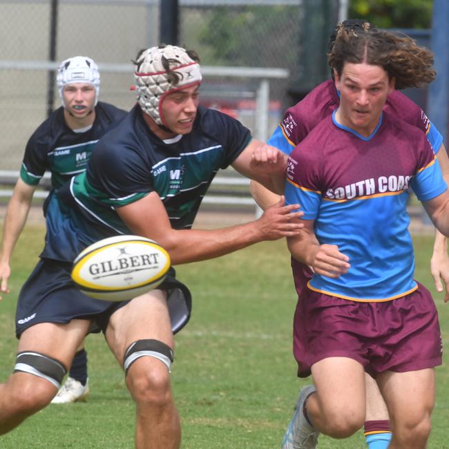 Isaac Fidock (right). QLD Rugby Union State Championships (17-18 years boys) at the Townsville Sports Precinct. Friday May 23. South Coast against Metro North. Picture: Evan Morgan