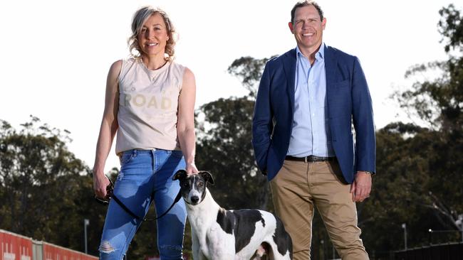 Trainer Michelle Sultana pictured with her greyhound Springfield Chief and Racing NSW CEO Tony Mestrov. Picture: Damian Shaw