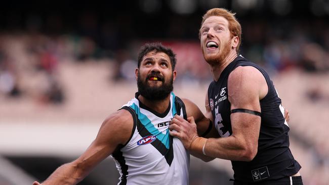 Port Adelaide ruckman Patrick Ryder battles Carlton's Andrew Phillips. Picture: Michael Klein