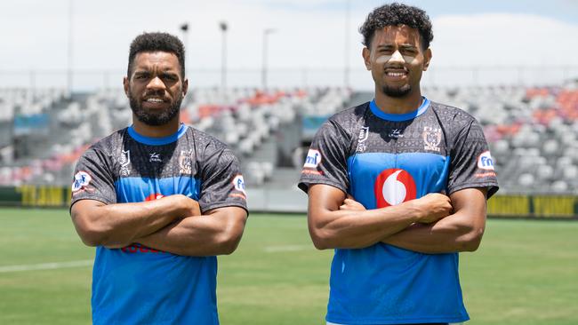 Penrith winger Sunia Turuva and Wests Tigers fullback Jahream Bula. Picture: Roan Paul/NRL Imagery