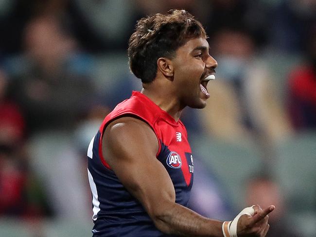 ADELAIDE, AUSTRALIA - AUGUST 28: Kysaiah Pickett of the Demons celebrates a goal during the 2021 AFL First Qualifying Final match between the Melbourne Demons and the Brisbane Lions at Adelaide Oval on August 28, 2021 in Adelaide, Australia. (Photo by Sarah Reed/AFL Photos via Getty Images)