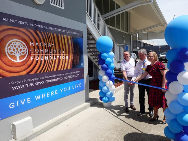 L-R: Mackay Community Foundation founding board director Steve Lowry, Mackay Mayor Greg Williamson and Mackay Community Foundation chairwoman Frances Easton at a ribbon-cutting ceremony for Foundation House. Picture: Contributed