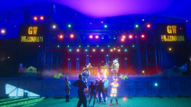 Splendour XR’s GW McLennan stage, with US rock act Band of Horses performing before a small crowd of avatars representing festival goers. Picture: supplied