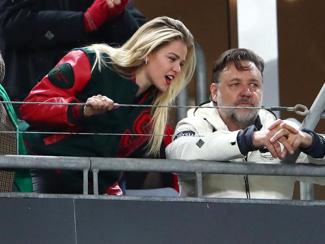 Rabbitohs owner Russell Crowe watches the action from a box during a game between the South Sydney Rabbitohs and the Wests Tigers at ANZ Stadium last week. Picture: Cameron Spencer/Getty Images