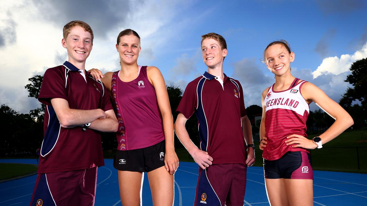 Brisbane athletes Will Curran 14, Sophie Burger 15, Ned Curran 14 and Gretta Johnson 14 are all extremely excited about the prospect of the Olympics coming to their home city in 2032. Pics Adam Head