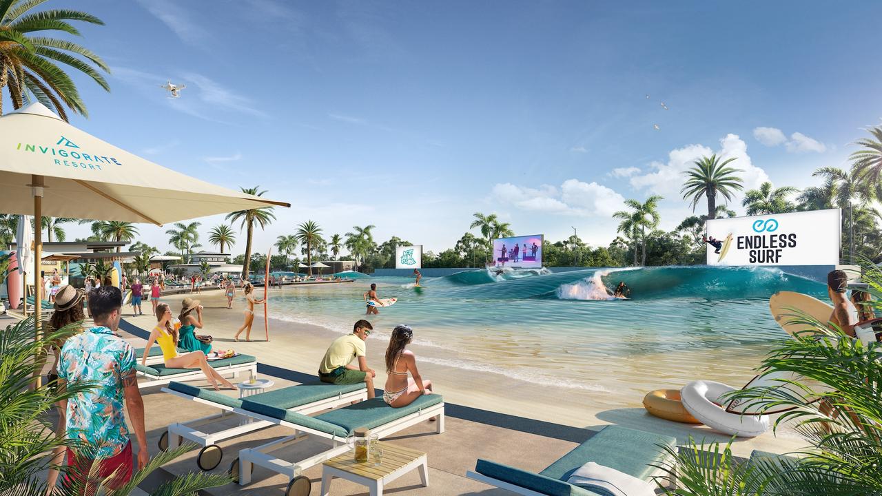 Renders of what Sanad Capital's Endless Surf wave pool could look like once developed at Glenview.