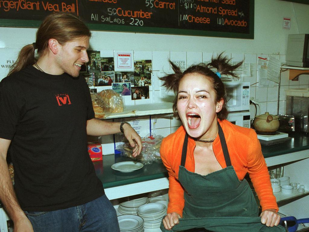 Yumi Stynes reacts after being told by Andrew G. that she has got the job as a TV presenter on pay TV Channel V. Yumi was working as a chef at a cafe in Elsternwick, when the good news came. Picture: Bruce/Magilton