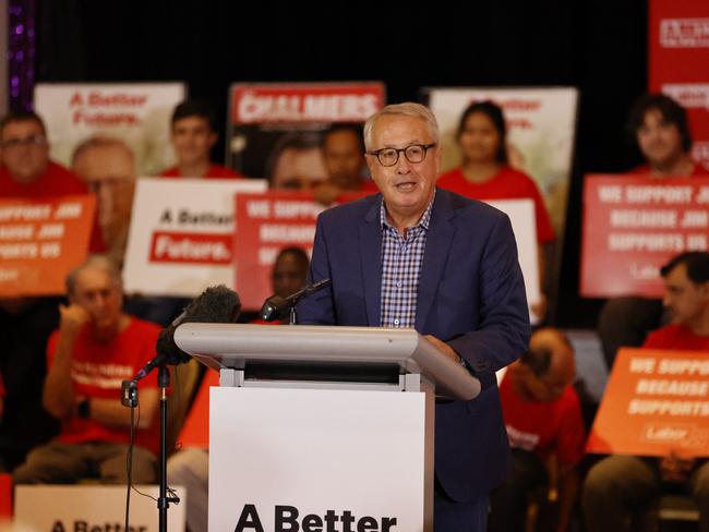 FEDERAL ELECTION TEAM 2022. LABOR BUS TOUR 23/4/2022 - Pictured during the Labor Party campaign launch for the seat of Rankin in QLD is Former Labor Party Treasurer Wayne Swan speaking in support of Shadow Treasurer Jim Chalmers MP, at the Diggers Service Club in Logan QLD, for the Labor Party election campaign while Leader Anthony Albanese isolates at home in Sydney with Covid. Picture: Tim Hunter.