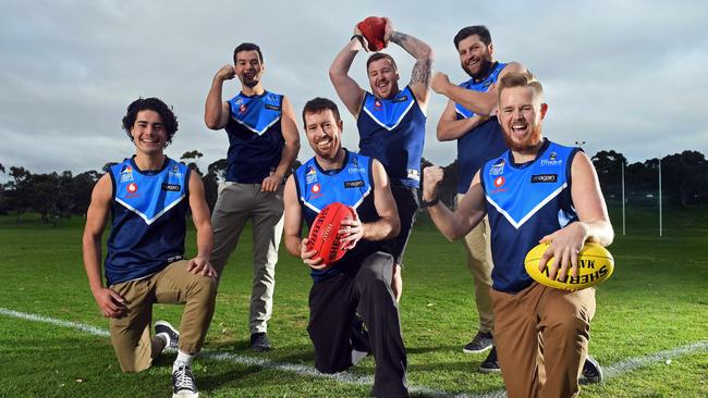 Flinders University Crabs ended their two-year winless streak yesterday. Players Riley Perry, Rhett Perry, Dean Schofield, Brayden Lane, David Moyle (captain) and Jordan Marsden. Picture: Tom Huntley