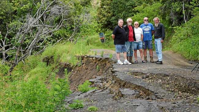 Concerned residents Murray Ings, John Sheldon, Ian Hooper, Gary Ryab, and Michael Langham at Oakey Creek Road which is one of the many roads that need to be repaired in the region. Picture: Marc Stapelberg