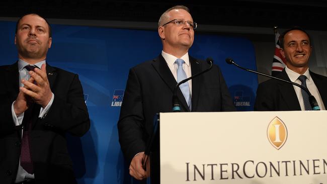 Scott Morrison with Josh Frydenbergand Dave Sharma at the Liberal Party Wentworth by-election function, in Double Bay. Picture: AAP.