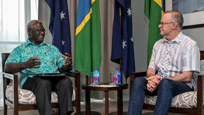 Anthony Albanese and Mr Sogavare in Fiji in July 2022. Picture: AFP