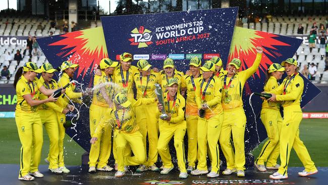 Meg Lanning of Australia lifts the ICC Women's T20 World Cup following the ICC Women's T20 World Cup Final match between Australia and South Africa in February 2023. Picture: Mike Hewitt/Getty Images