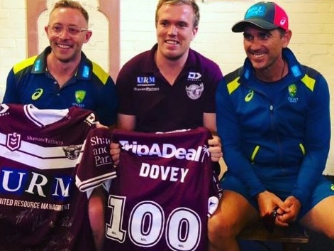 Gavin Dovey with Jake Trbojevic and Justin Langer. Picture: Manly Warringah Sea Eagles.