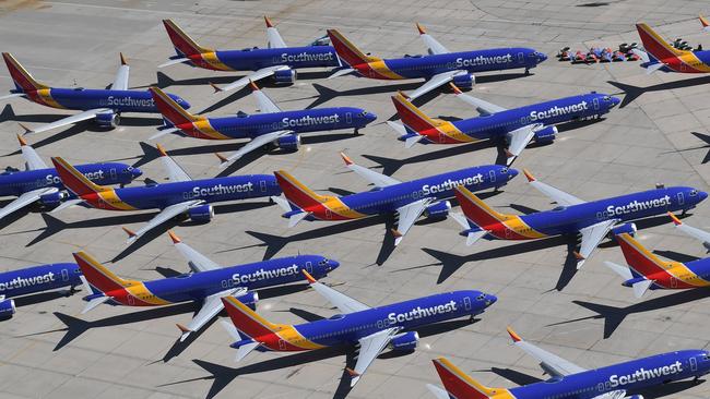 Southwest Airlines Boeing 737 MAX aircraft are parked on the tarmac after being grounded. Picture: AFP