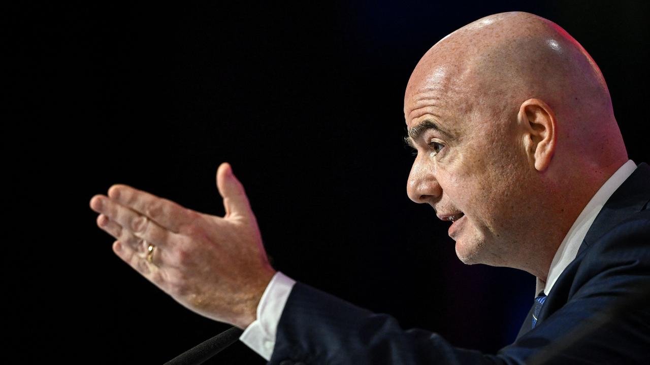 FIFA President Gianni Infantino speaks during a press conference. Photo by FABRICE COFFRINI / AFP