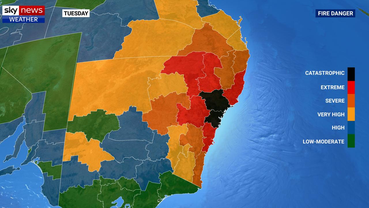 Black marks the spot. Sydney and Newcastle have a fire danger warning of ‘catastrophic’, which has never occurred before. Picture: Sky News Weather.