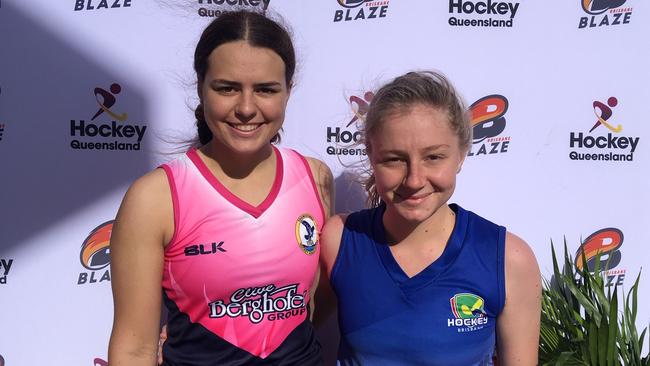 Tess Henare, left, of Toowoomba and Talicia Canty (Brisbane) scored goals on day 1.