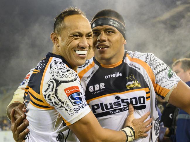 Brumbies (L — R) Christian Lealiifano and Allan Alaalatoa could be reunited in Wallaby gold. Picture: AAP Image/Rohan Thomson