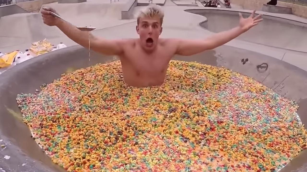 Jake Paul takes bath in a bowl of cereal.