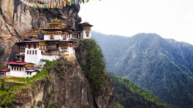 Taktsang Palphug Monastery (also known as Tiger's Nest), a prominent Himalayan Buddhist sacred site and temple complex, located in the cliff side of the upper Paro valley, in Bhutan.