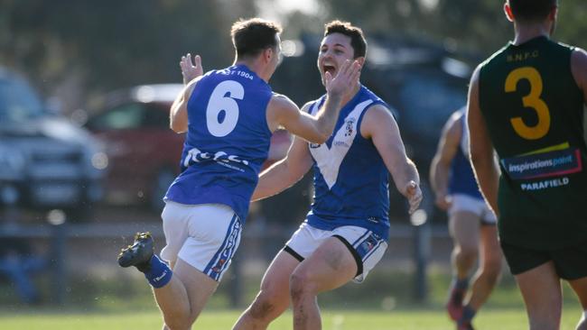 Athelstone’s Kyle Durdin and Josh Schinella celebrate. Will the Raggies be cheering through September? Picture: AAP/Morgan Sette