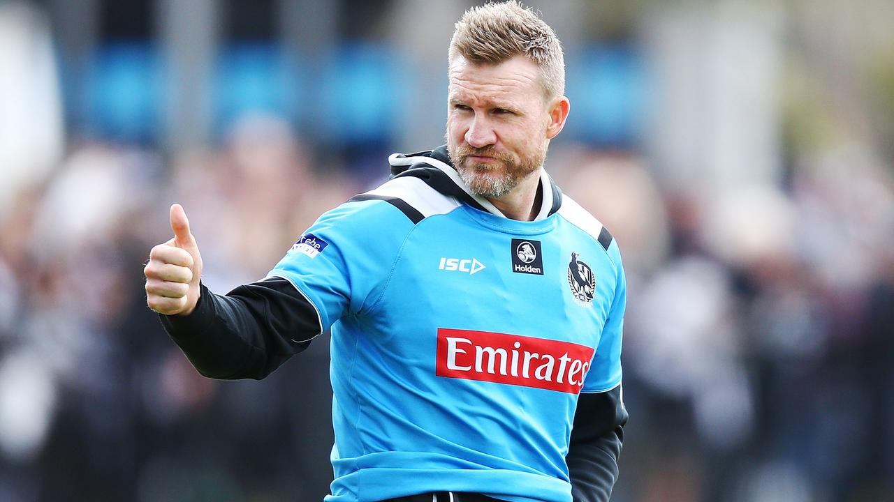 MELBOURNE, AUSTRALIA - SEPTEMBER 25: Magpies head coach Nathan Buckley gestures during a Collingwood Magpies AFL training session at the Holden Centre on September 25, 2018 in Melbourne, Australia. (Photo by Michael Dodge/Getty Images)