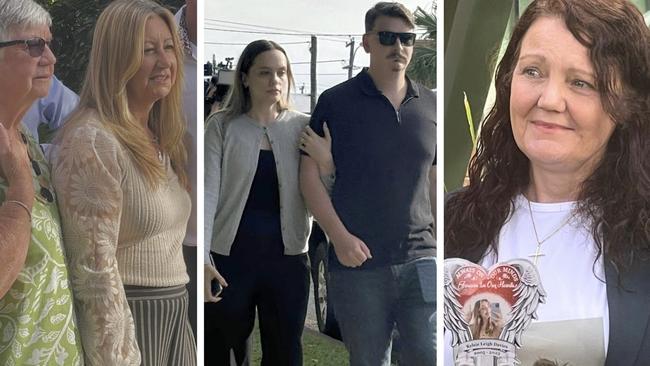 TRIPLE FATAL VICTIM IMPACT STATEMENTS: The grieving family of nurse Sheree Robertson (left), crash survivor Kaylah Behrens (centre with husband) and Susan Marquis (right), mother of Kelsie Davis, 17 outside Hervey Bay Magistrates Court.