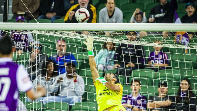 Jamie Young of the Brisbane Roar’s incredible save against Perth Glory could be the best piece of goalkeeping in A-League history. (AAP Image/Tony McDonough)