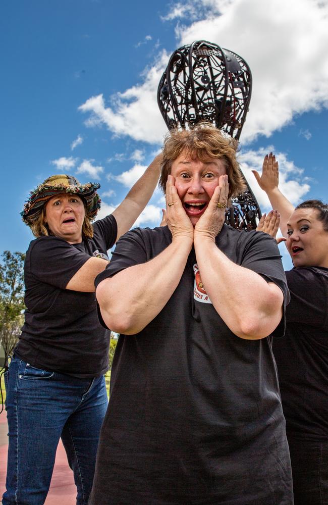 Tina Torrens, Rowena Dionysius and Kristy Board unveiling the Kingaroy Big Peanut, November 4, 2021. Picture: Dominic Elsome