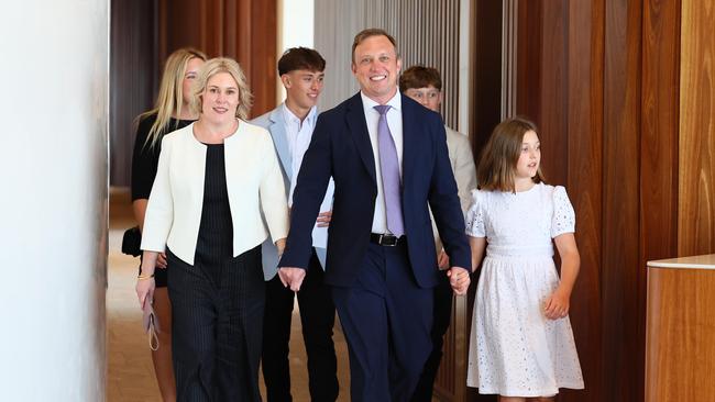 Premier Steven Miles was supported by his wife, Kim, and children Sam, Aidan and Bridie when he was elected on Friday. Picture: NCA NewsWire/Tertius Pickard