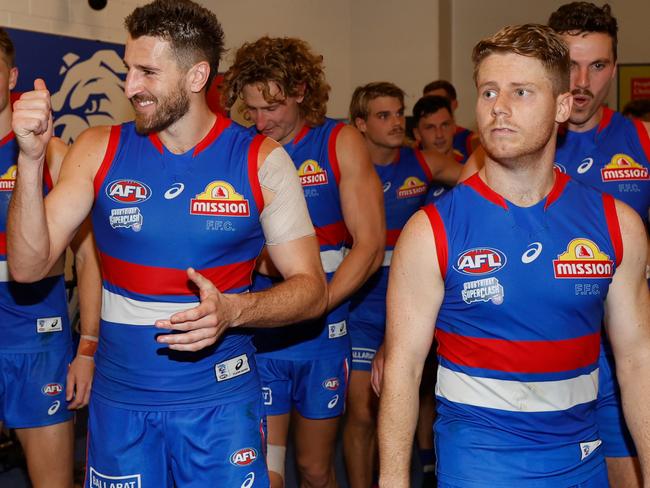 MELBOURNE, AUSTRALIA - APRIL 15: Marcus Bontempelli of the Bulldogs celebrates during the 2022 AFL Round 05 match between the North Melbourne Kangaroos and the Western Bulldogs at Marvel Stadium on April 15, 2022 In Melbourne, Australia. (Photo by Michael Willson/AFL Photos via Getty Images)