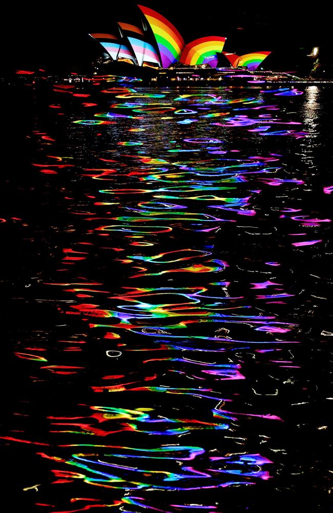 The Progress Pride Flag is seen projected onto the Sydney Opera House during WorldPride. Picture: Brendon Thorne/Getty Images