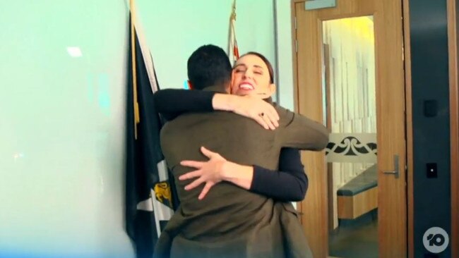 Jacinda Ardern greeted Waleed Aly with a hug 