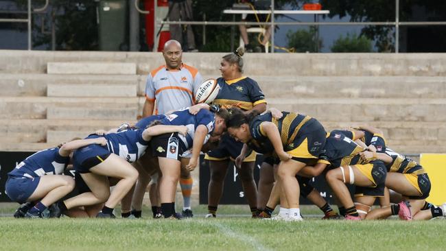 Darwin Dragons vs. Casuarina Cougars Women's sides in a scrum during their Round 2 clash. Picture: From The Sideline Sports Photography.