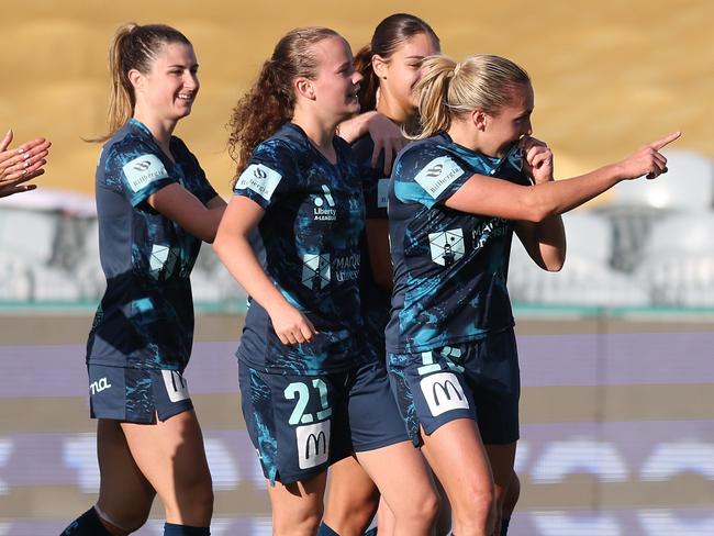 GOSFORD, AUSTRALIA - APRIL 21: Mackennzie Hawkesby of Sydney FC celebrates a goal during the A-League Women Semi Final match between Central Coast Mariners and Sydney FC at Industree Group Stadium, on April 21, 2024, in Gosford, Australia. (Photo by Scott Gardiner/Getty Images)