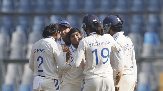 Rajeshwari Gayakwad of India celebrates the wicket of Kim Garth. Picture: Pankaj Nangia/Getty Images