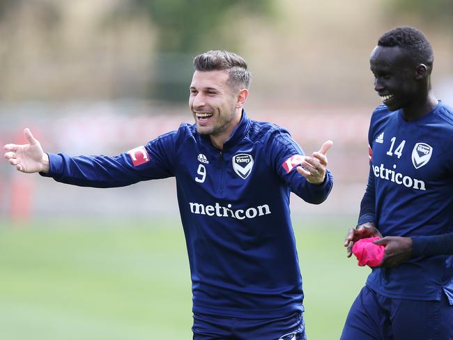 MELBOURNE, AUSTRALIA - DECEMBER 04: Kosta Barbarouses of the Victory reacts during a Melbourne Victory A-League training session at Gosch's Paddock on December 04, 2018 in Melbourne, Australia. (Photo by Michael Dodge/Getty Images)