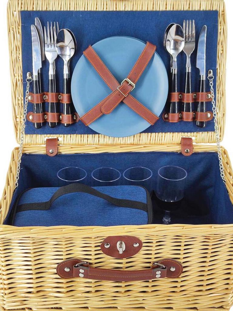 Have a romantic picnic for two or a less-romantic picnic with three or four people with the Wanderer four-person wicker picnic basket. Picture: BCF