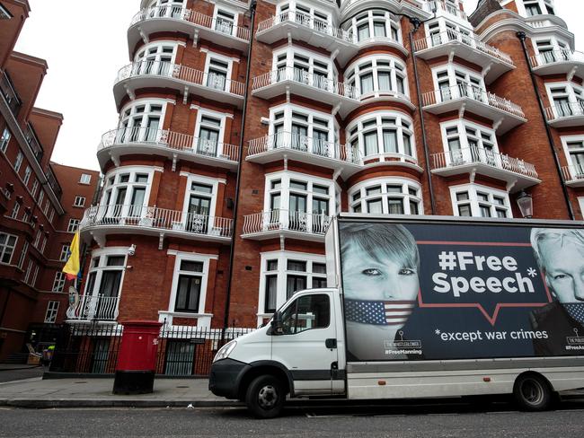 A van with a billboard in support of American whistleblower Chelsea Manning and Wikileaks founder Julian Assange is parked outside the Ecuadorean Embassy. Picture: Getty