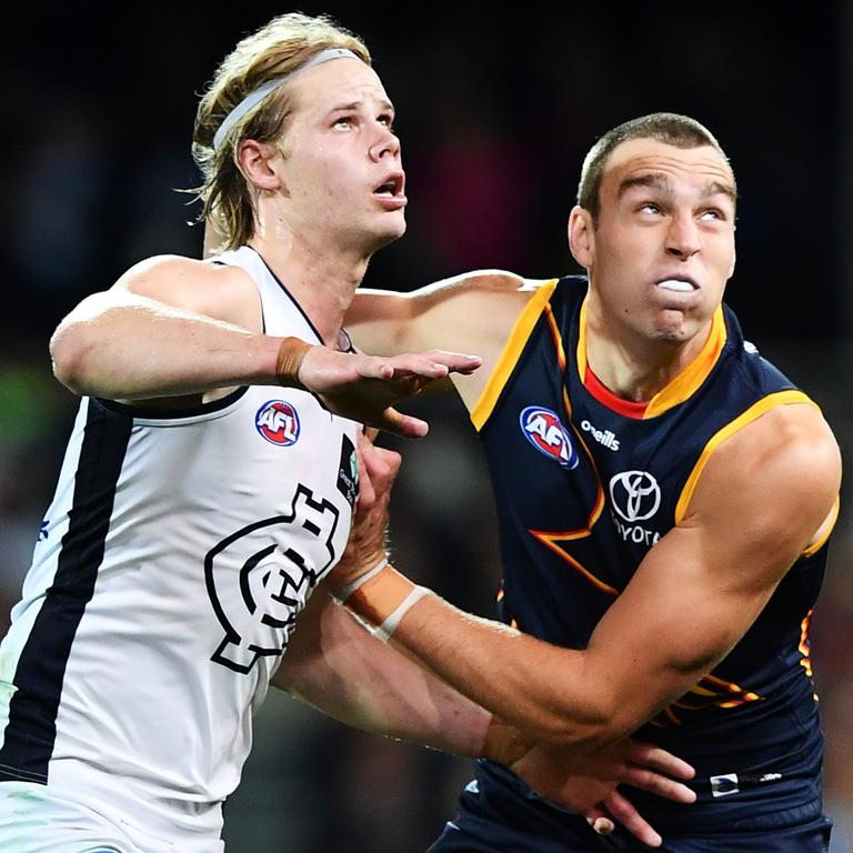 The Blues opted to pair Marc Pittonet with Jack Silvagni in the ruck against West Coast, leaving De Koning at home in Melbourne. Picture: Mark Brake / Getty Images